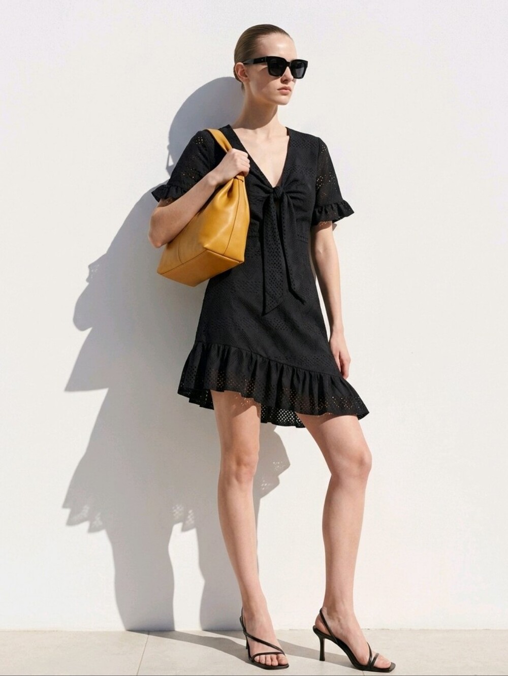 Kate Kasin Black Eyelet Tie Front Dress Sz.L Ruffle Hem Goth Vamp Coquette